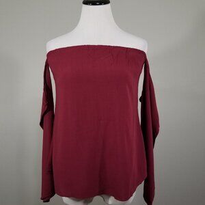 Tobi Red Off The Shoulder Blouse Medium Womens Wide Sleeves Cropped Top